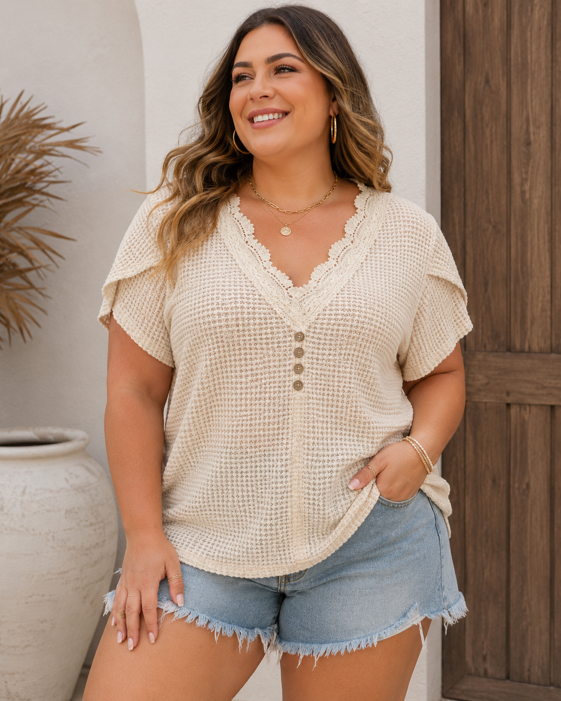 Delicate Apricot Waffle Knit Button-Front Short Sleeve Top