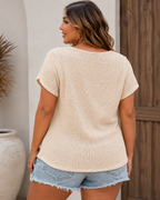 Delicate Apricot Waffle Knit Button-Front Short Sleeve Top