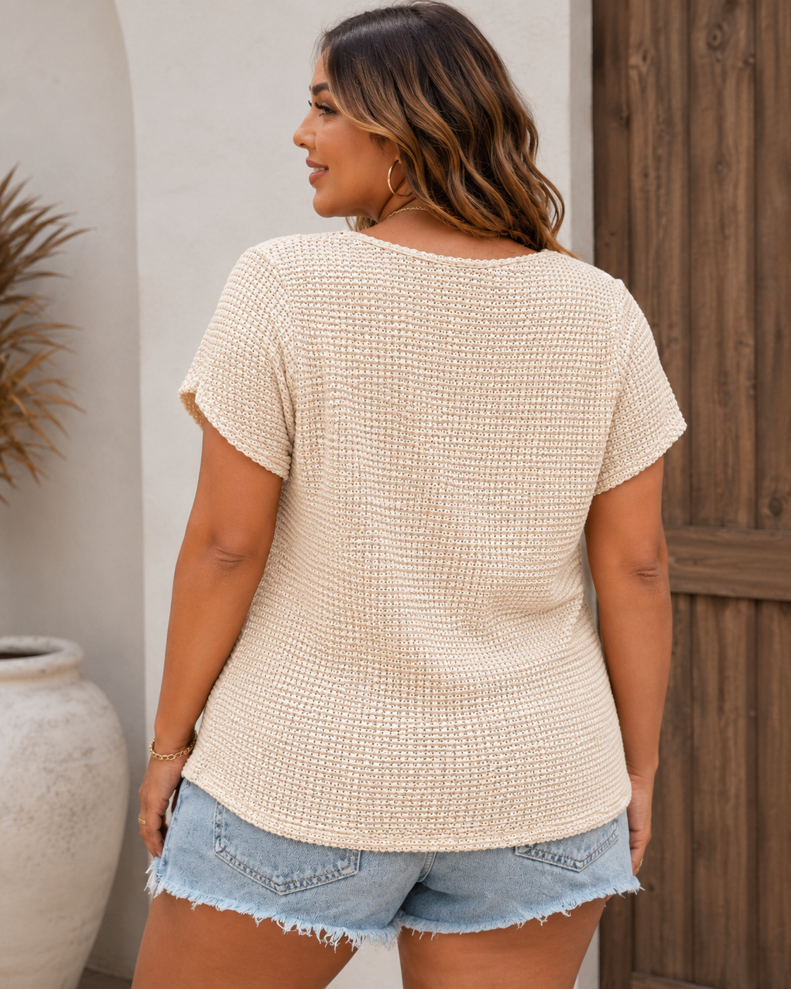 Delicate Apricot Waffle Knit Button-Front Short Sleeve Top