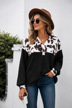 Cow Print Patchwork Western Waffle Knit Blouse Top