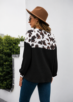 Cow Print Patchwork Western Waffle Knit Blouse Top