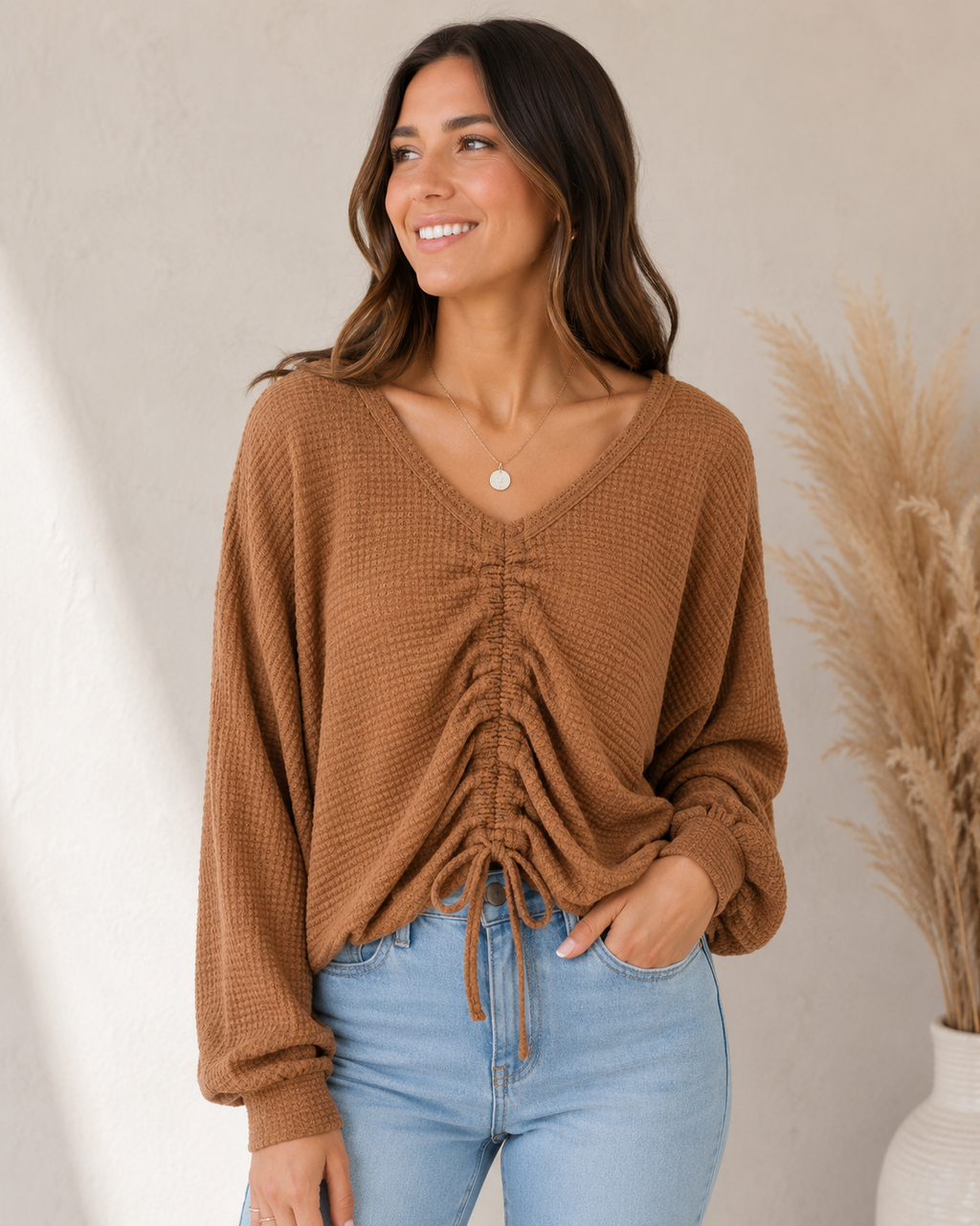V-Neck Drawstring Dolman Sleeve Waffle Knit Top