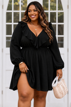 Textured Ruffled V Neck High Waist Mini Dress