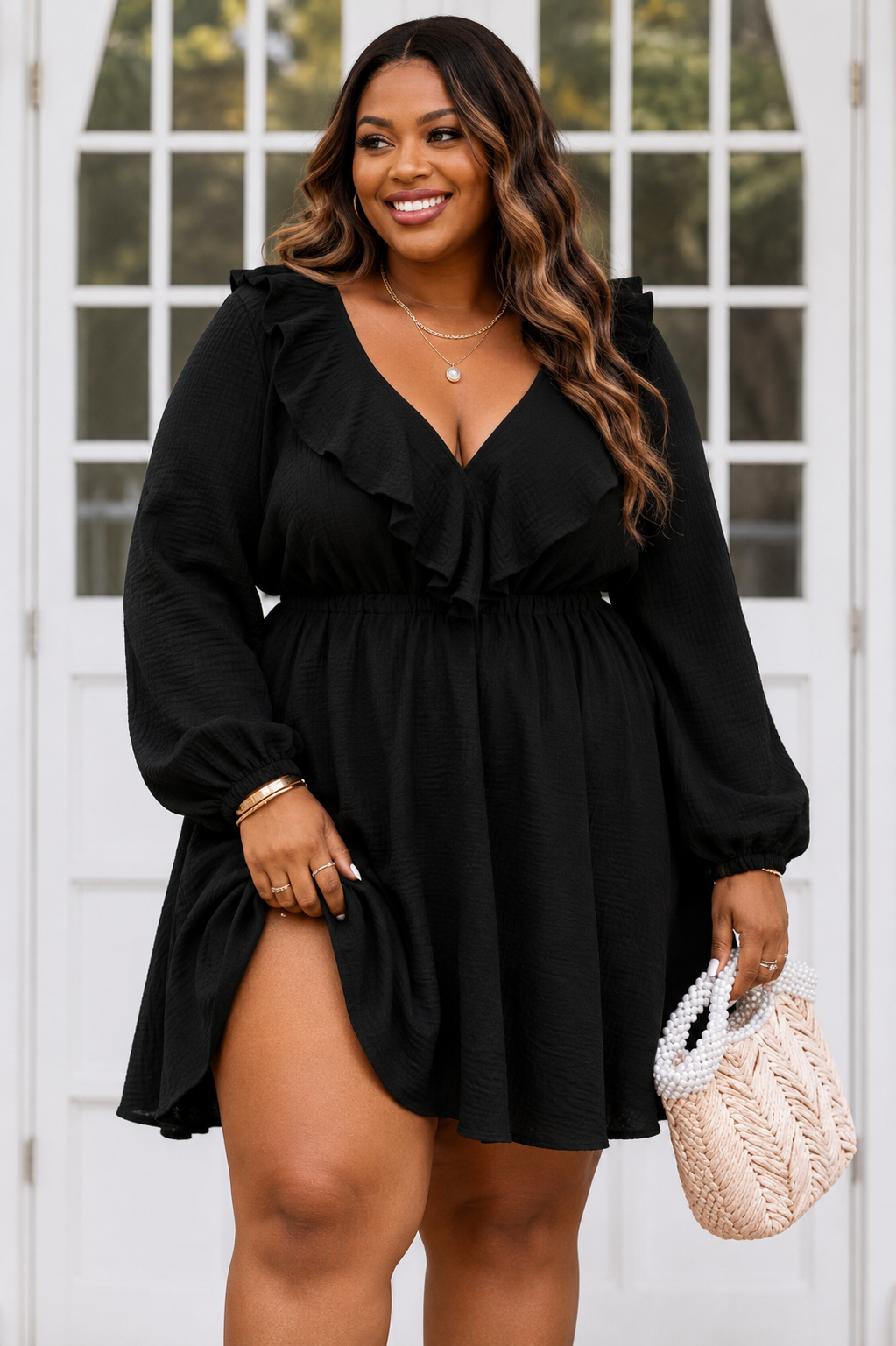 Textured Ruffled V Neck High Waist Mini Dress