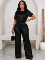 Sequin Solid Color Short-Sleeved Top Pants Two-Piece Set