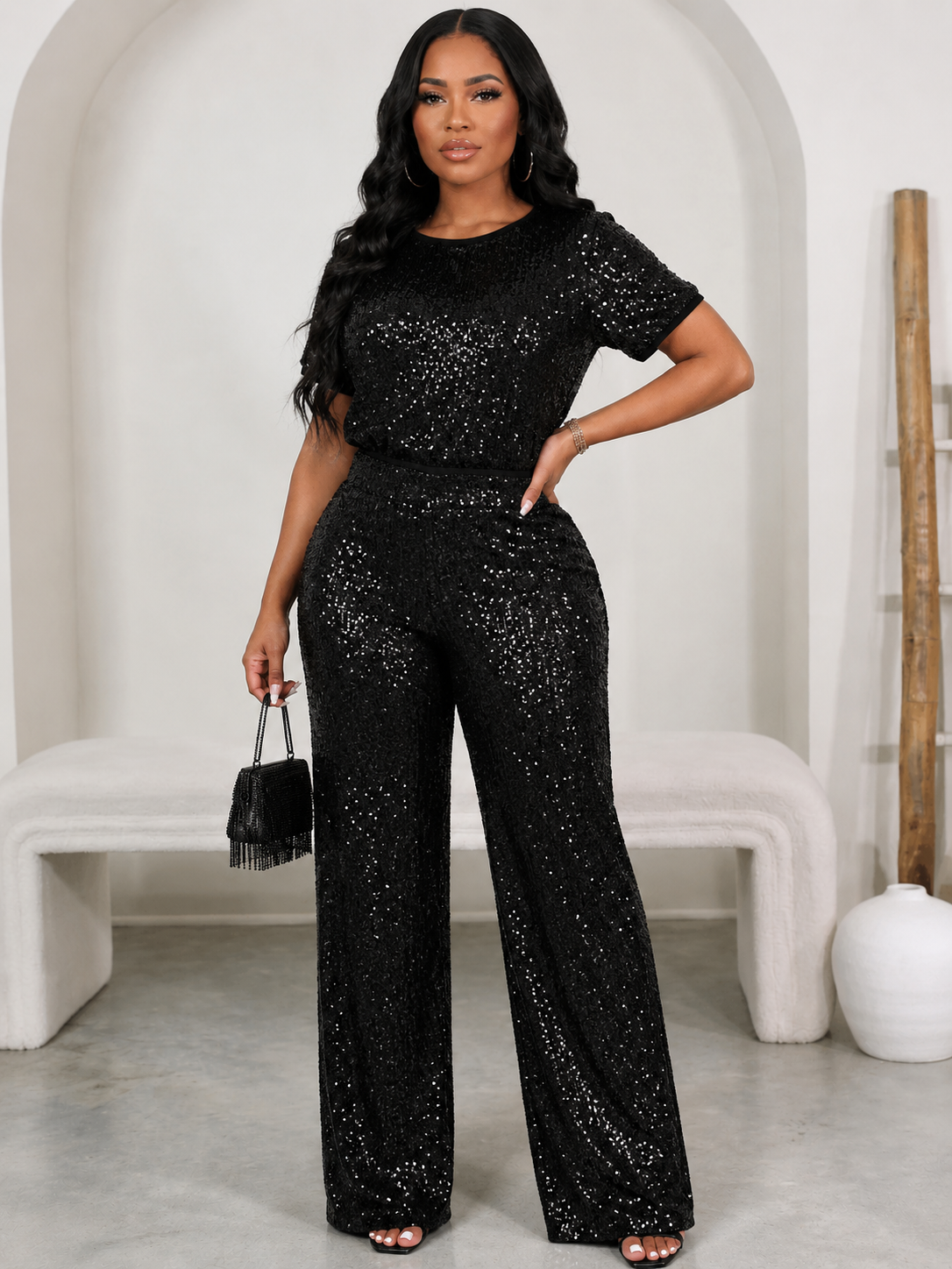 Sequin Solid Color Short-Sleeved Top Pants Two-Piece Set