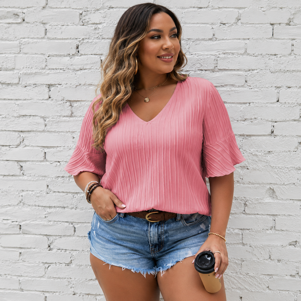 Ruffle Short Sleeve V-Neck Top Plus Size