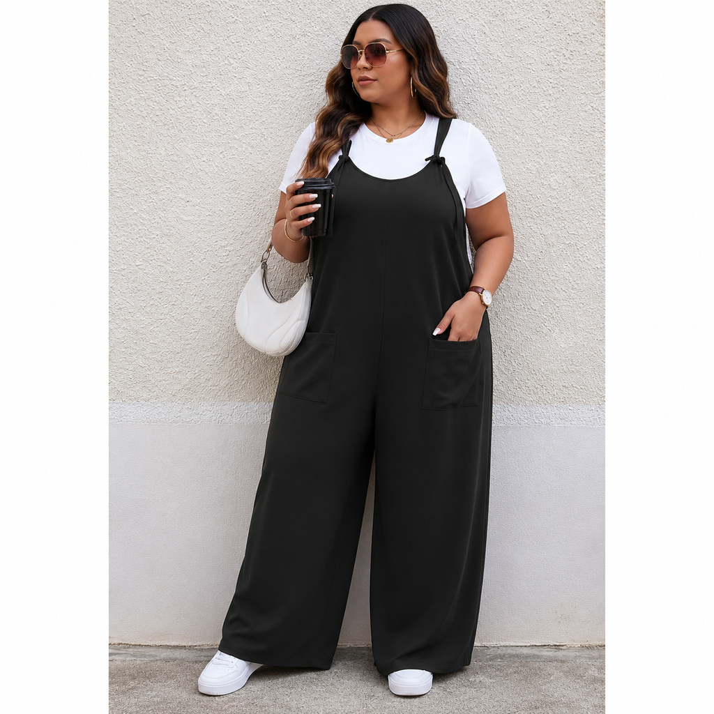 Plus Sleeveless Loose Fit Solid Pockets Jumpsuit