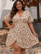 Plus Size Surplice V Neck Cuffed Sleeve Empire Waist Dress