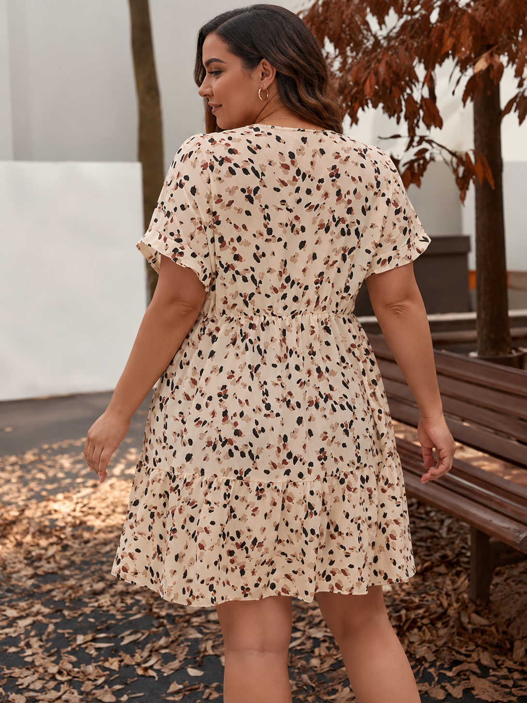 Plus Size Surplice V Neck Cuffed Sleeve Empire Waist Dress