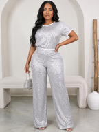 Sequin Solid Color Short-Sleeved Top Pants Two-Piece Set