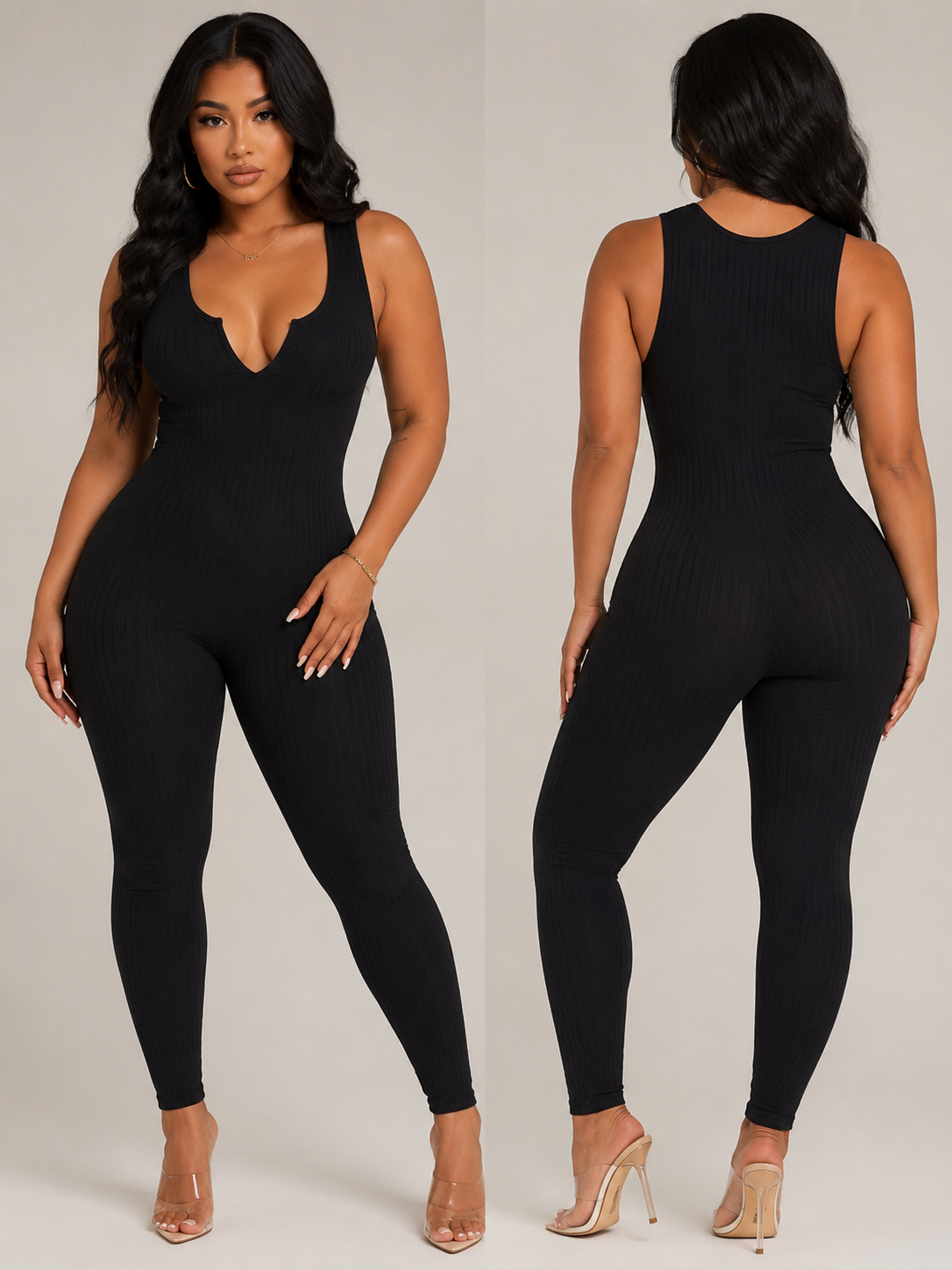 Seamless Ribbed Split V Neck Jumpsuit