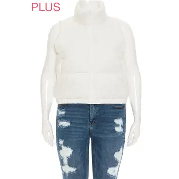 Plus Nylon High Neck Faux Down Puffer Vest