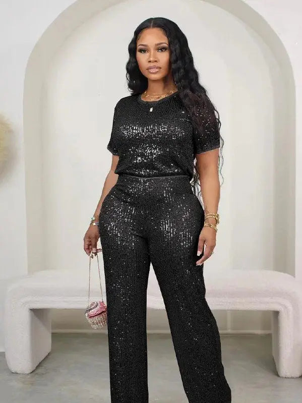 Sequin Solid Color Short-Sleeved Top Pants Two-Piece Set