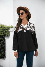 Cow Print Patchwork Western Waffle Knit Blouse Top