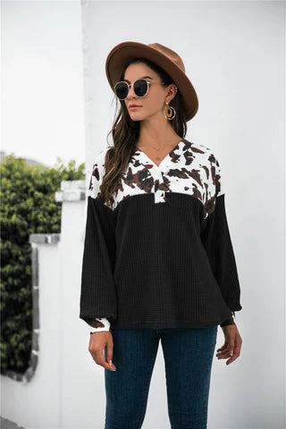 Cow Print Patchwork Western Waffle Knit Blouse Top