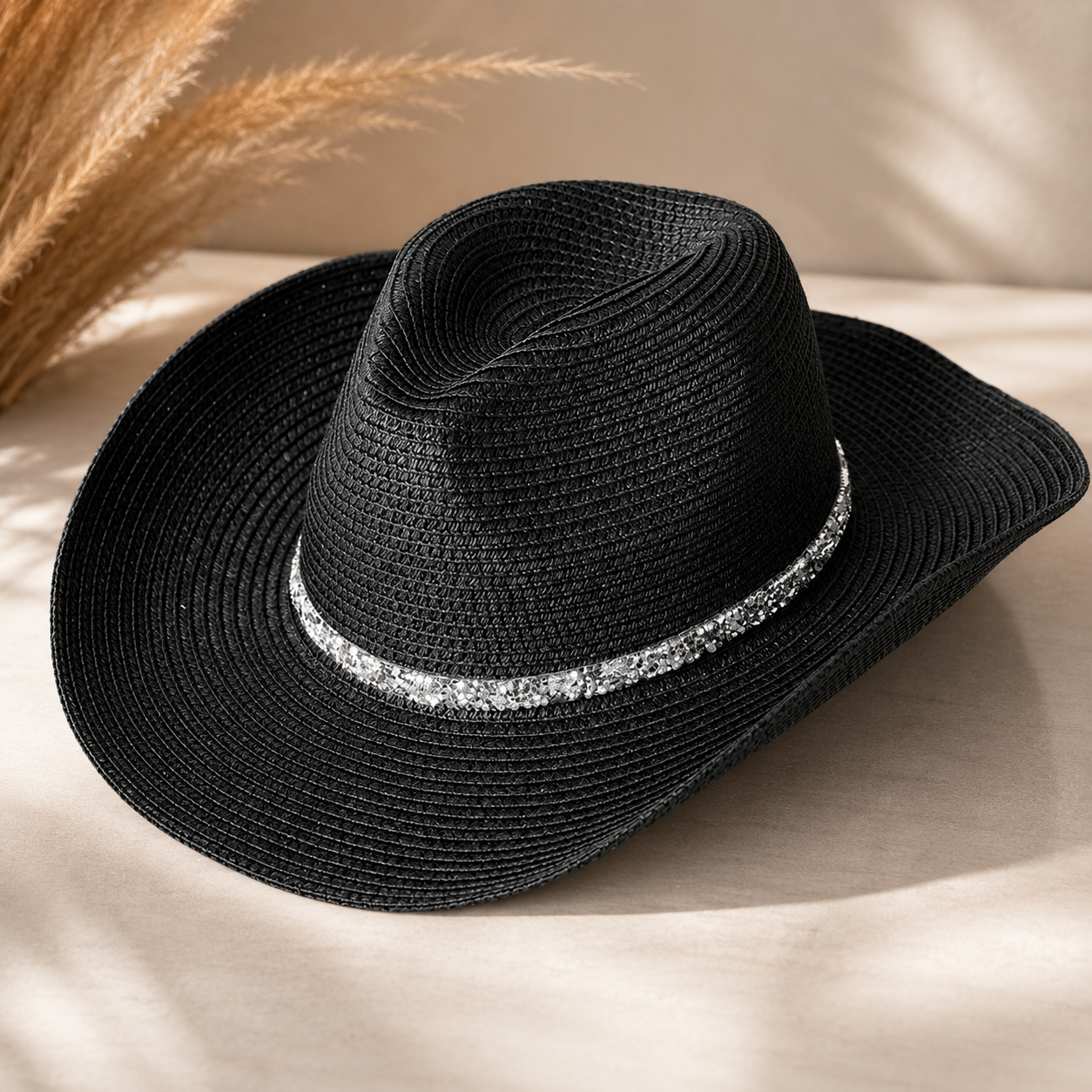 Rhinestone Band Straw Panama Cowboy Hat