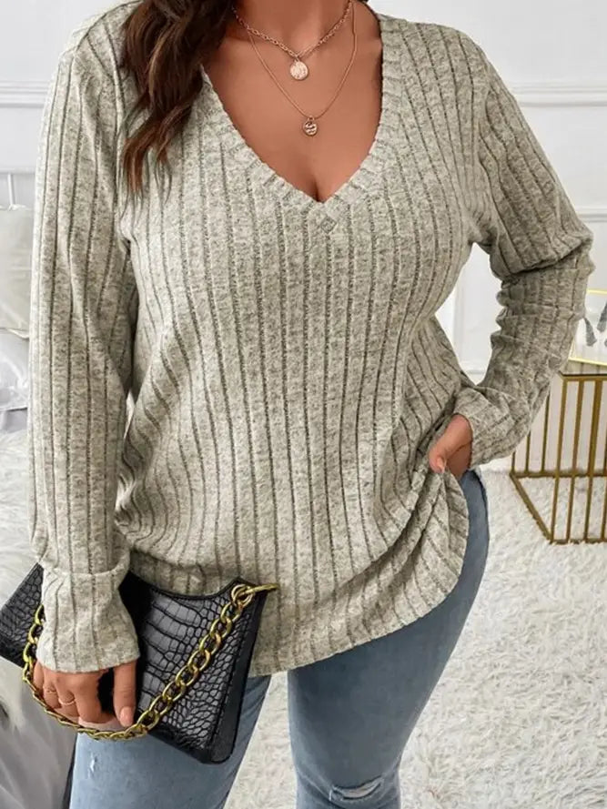 Plain V Neck Rib Plus Size