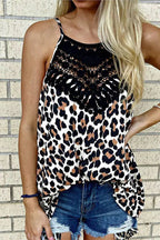 Black Lace Neckline Leopard Print Halter Tank