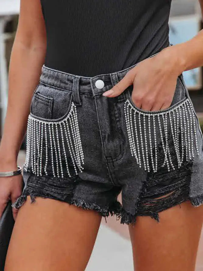 Raw Hem Tassle Ripped Washed Denim Shorts