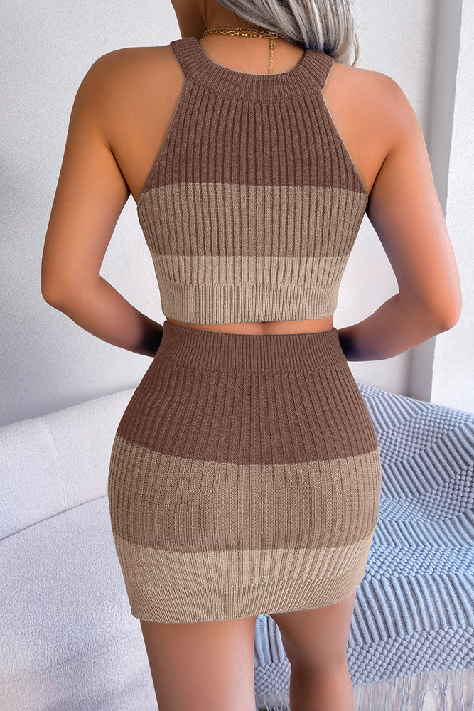 Block Halter Tank Top with Skirt Two Pieces Set