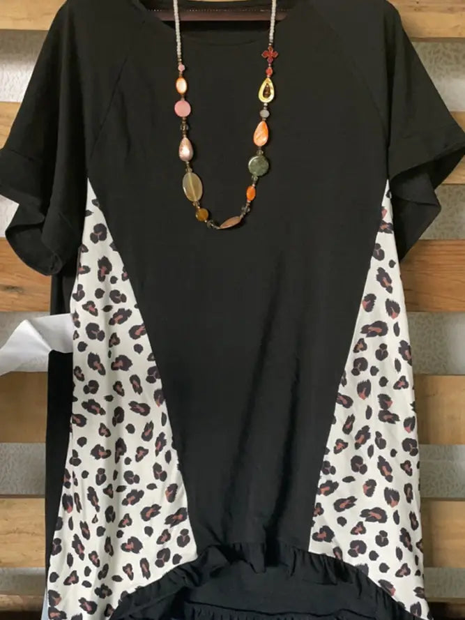 O-Neck Short Sleeve Leopard Stitching Top