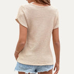 Delicate Apricot Waffle Knit Button-Front Short Sleeve Top