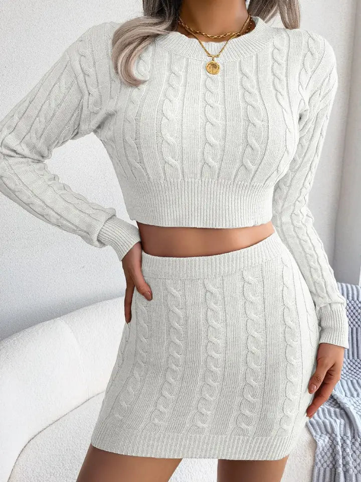 WOMEN Cable Knit Crop Sweatshirt and Skirt Set