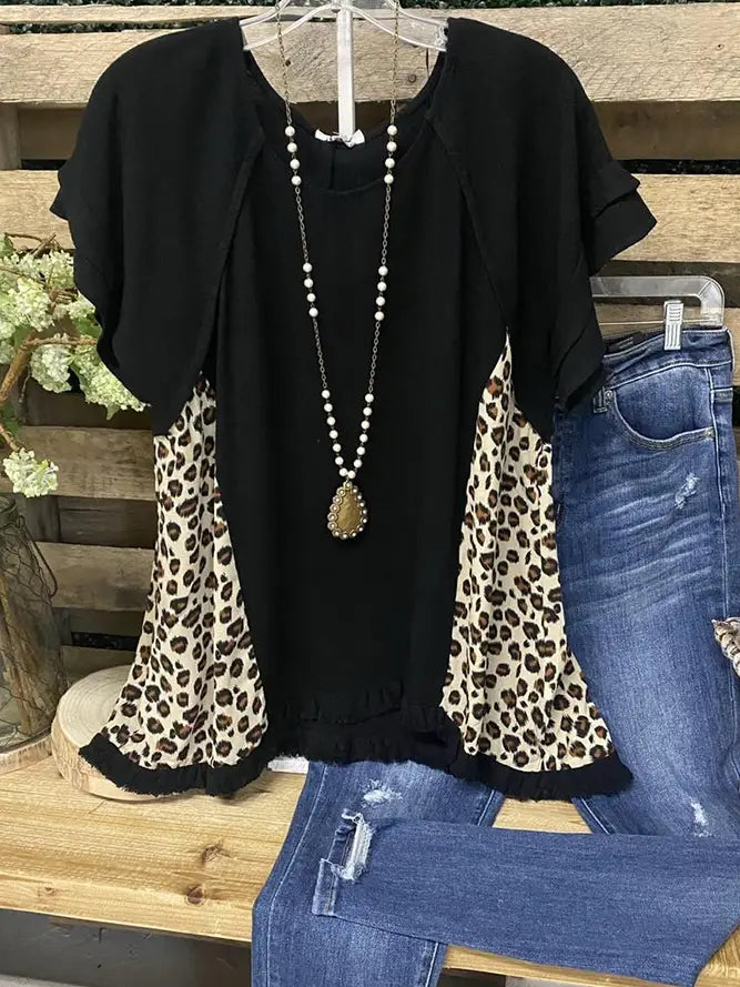 O-Neck Short Sleeve Leopard Stitching Top