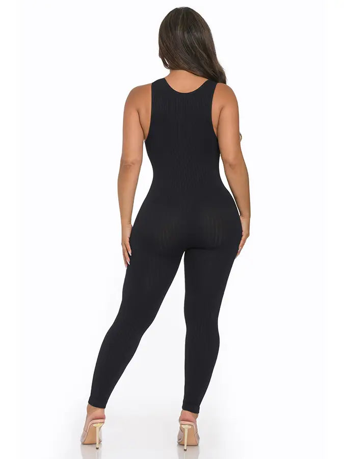 Seamless Ribbed Split V Neck Jumpsuit