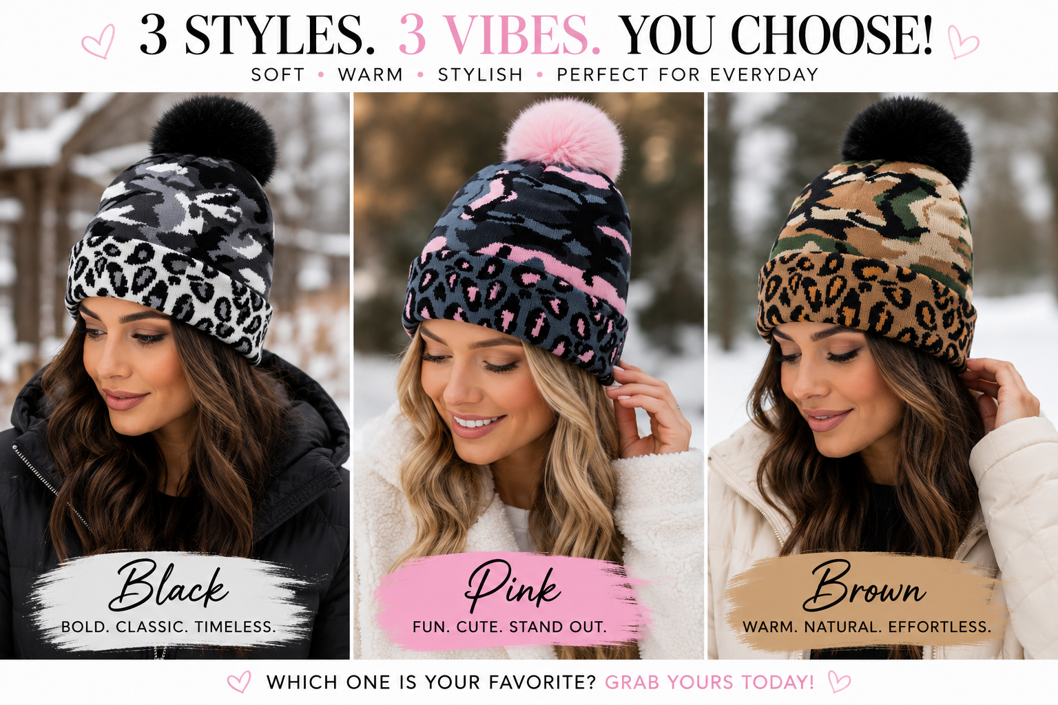 Camouflage Pom Pom Beanies - 3 Assorted Colors