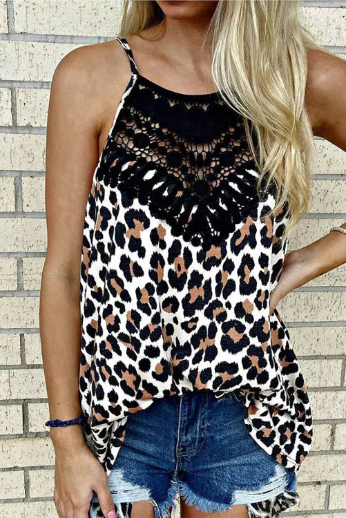 Black Lace Neckline Leopard Print Halter Tank