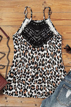 Black Lace Neckline Leopard Print Halter Tank