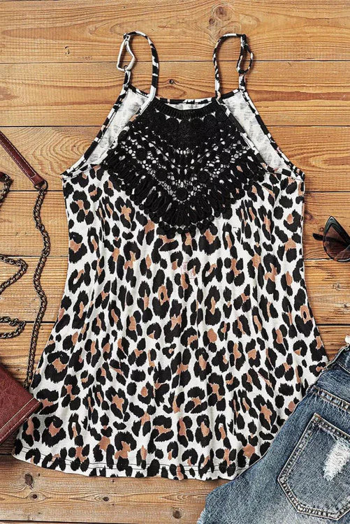 Black Lace Neckline Leopard Print Halter Tank